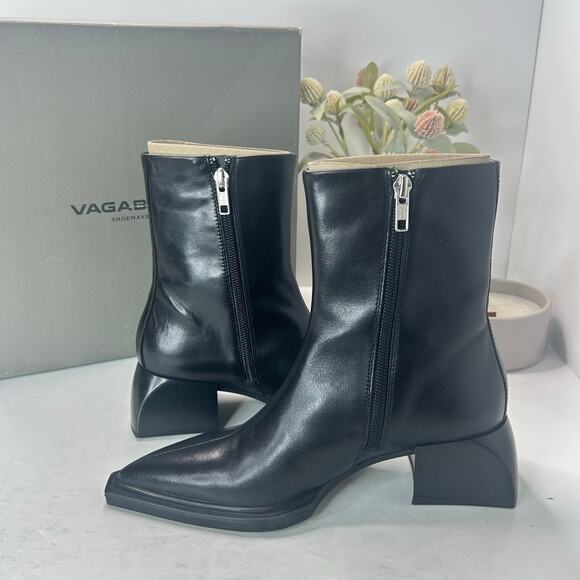 Vagabond Vivian Leather Chunky Block Heel Pointed Toe Boot Black Women 6/EU36NWB - Picture 6 of 9